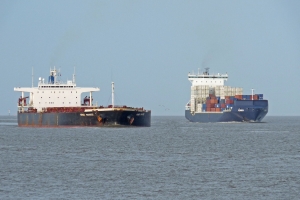 Massengutfrachter und Containerschiff bei der Ansteuerung der Elbe.